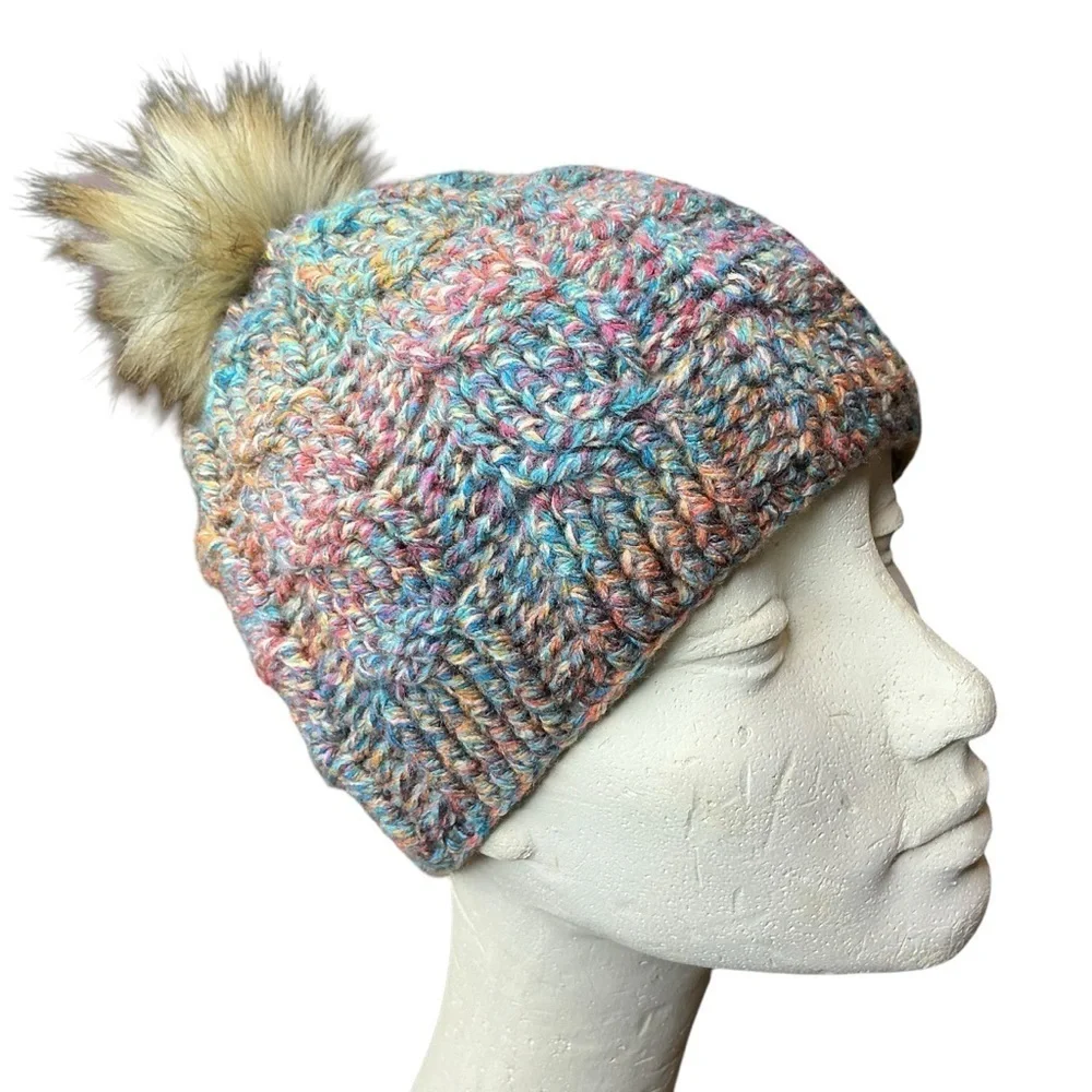 Cable Knit Crochet Beanie Hat Handcrafted With Faux Fur Pom Handmade Red Blue